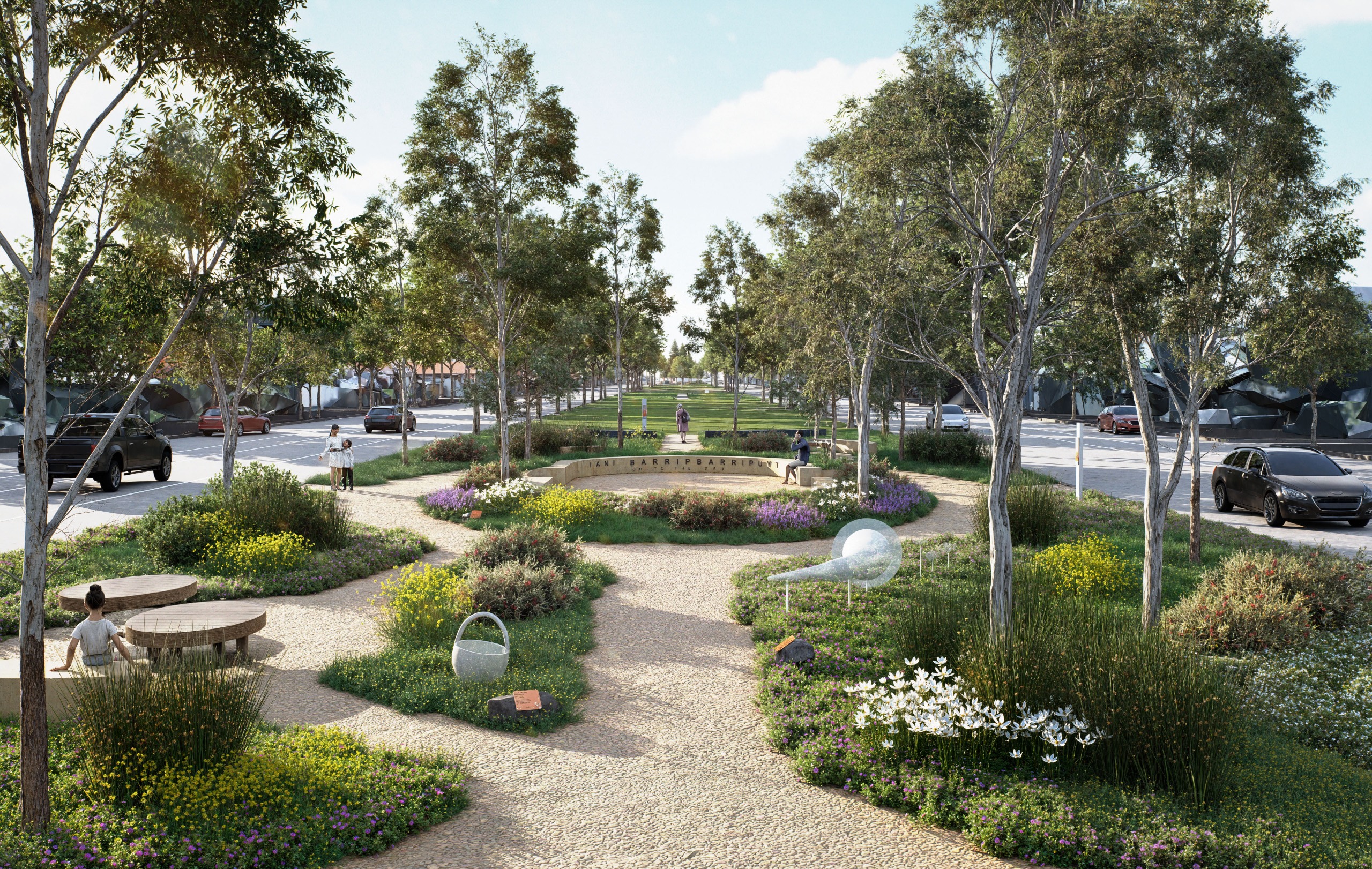 The space is designed as central gathering place for all to enjoy. Feature walls and timber platforms will welcome all to explore Yani Barripbarripuyt. A central shared user path will connect Herbert and Montague St with a diversity of canopy trees.