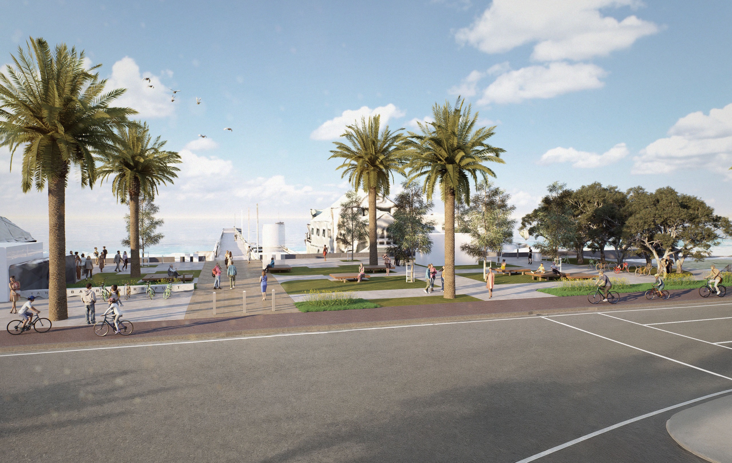 A new sculpture is proposed here, telling a Whale Story. Community spaces will include seating areas, new shade trees, and feature paving that links the ocean to Kerferd Pier, creating a landscape for everyone to enjoy.