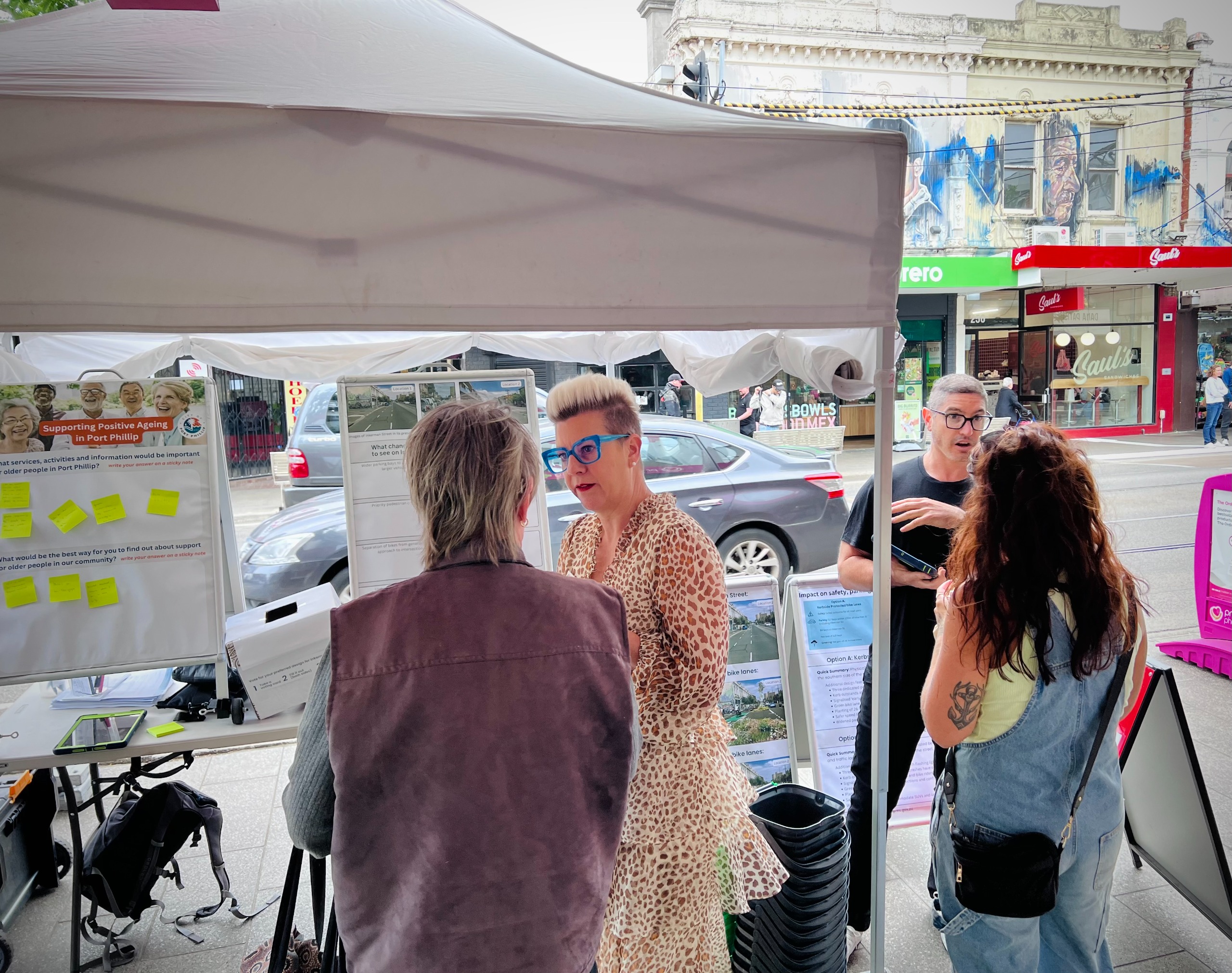 Image of neighbourhood pop up at Carlisle St with Council staff and community members 